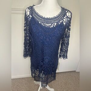 Fleur De lis Navy Crochet Dress with Floral Patterns size L New with tag
